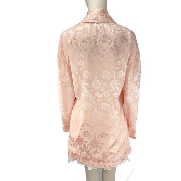 VINTAGE Collared Satin Luxury Pink Burn-Out Florals Long Sleeves Short Robe sz M - Picture 6 of 9